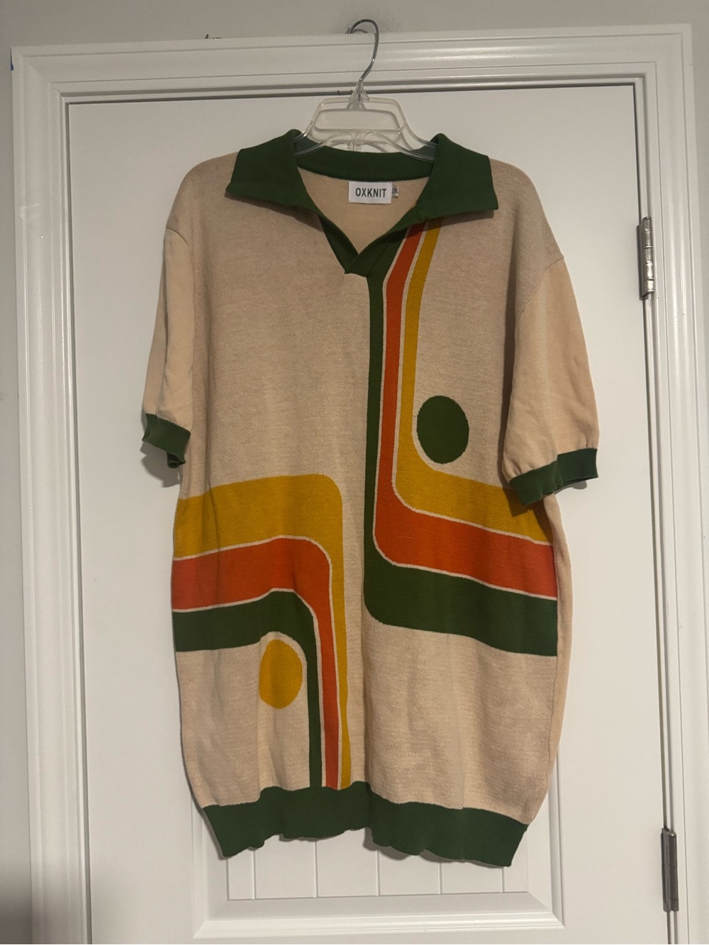 OXKNIT Women's Beige V-Neck Sweater with Green Collar & Retro Stripes